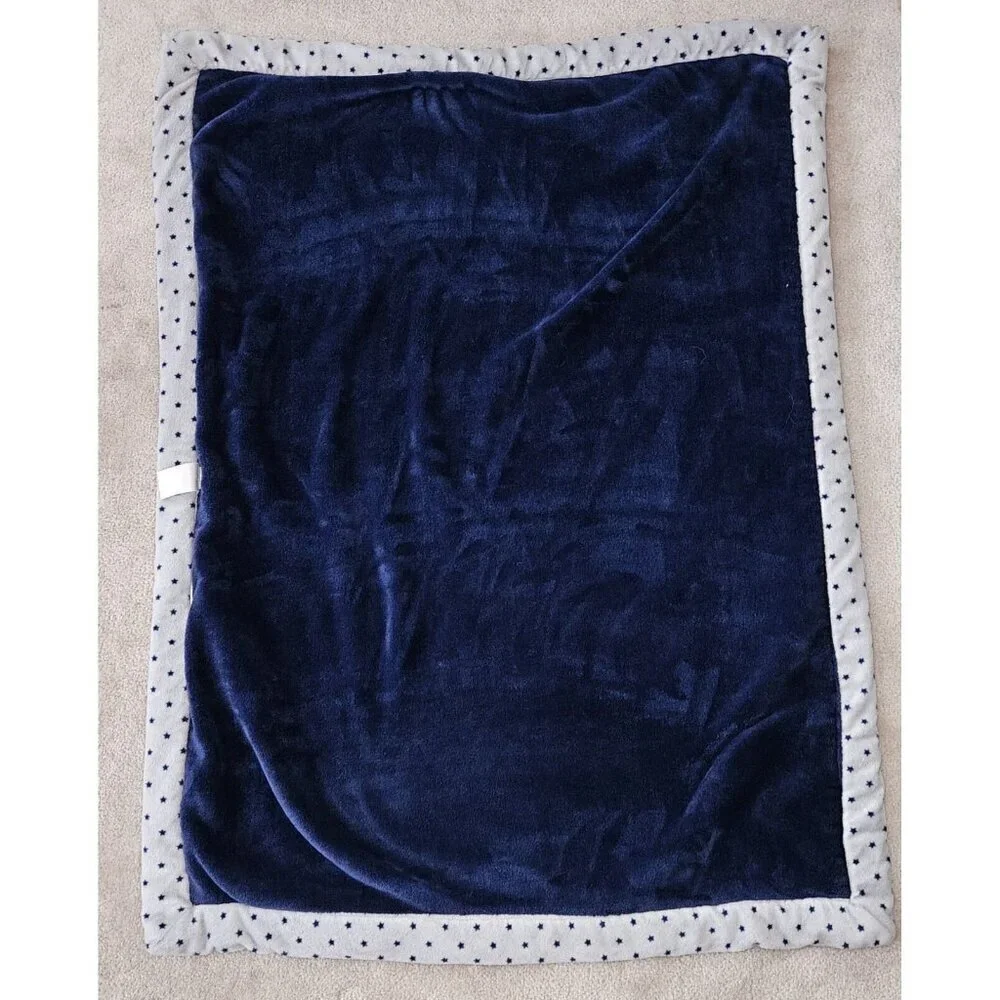Just Born Navy Blue Gray Stars Trim Fleece Baby Blanket SOFT 29x38 RARE DESIGN